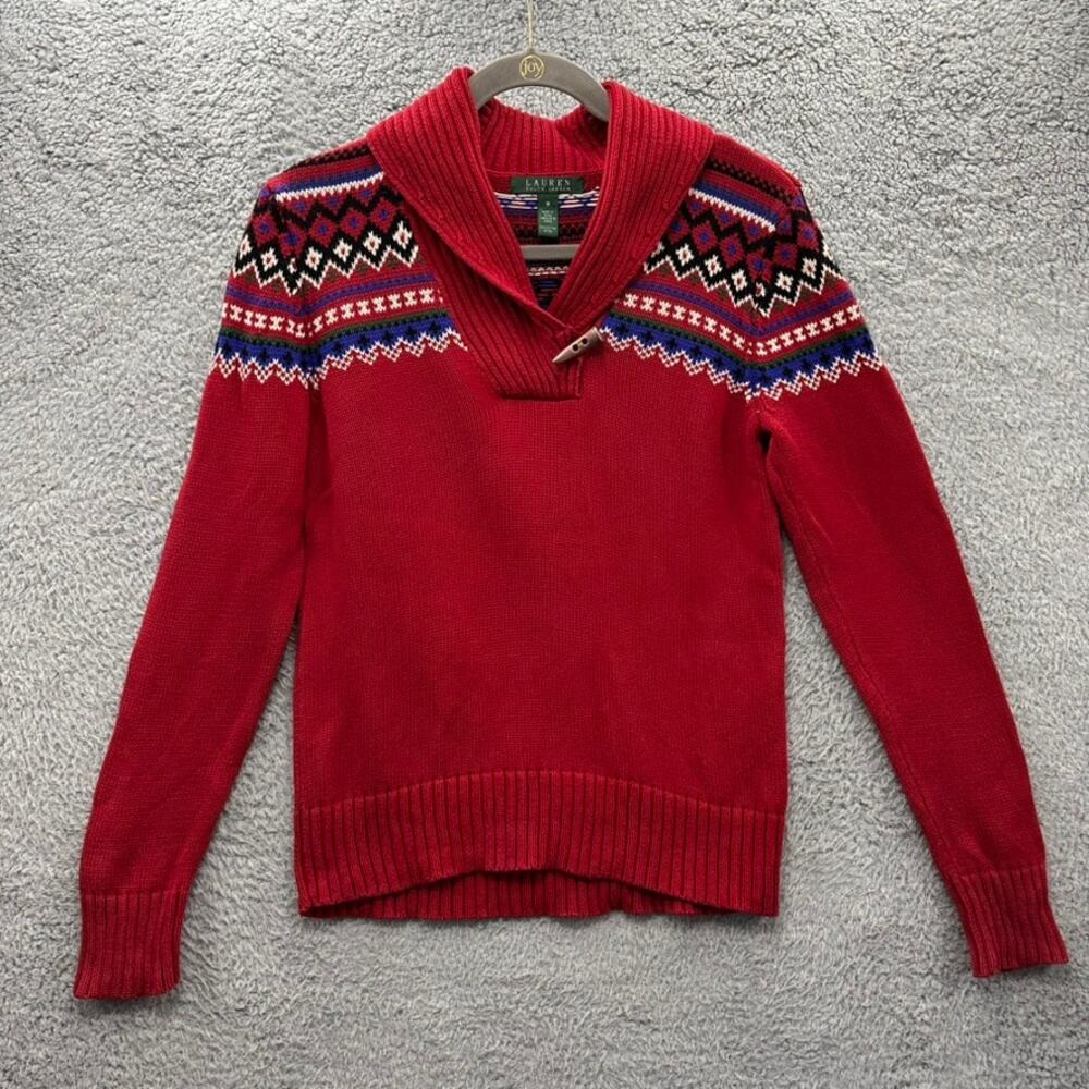 Lauren Ralph Lauren Women's Medium‎ Knit Red Sweater Cowell Neck Holiday Festive